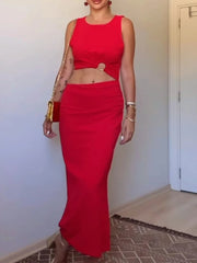 Women Party Red Hollow Out Sleeveless Midi Dress New Fashion Open Design Loose Buckle Midi Dress Lady Sexy Split Dress Elegant