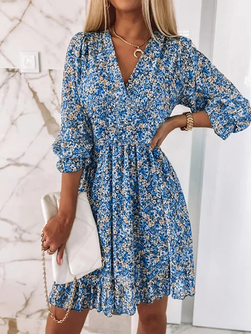 Autumn Casual Women V Neck Loose Dress Long Sleeve Butterfly Sleeve Print Dress Elegant Female Retro Floral Slim Fit Party Dress