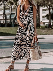 Women Summer Vintage Printed Loungewear Dress, Sleeveless Elegant Loose Fashion Maxi Dress, V-Neck Patchwork Simple Ladies Dress