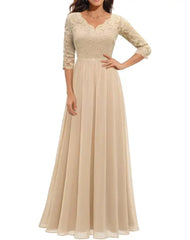 Women'S Elegant Vintage V Neck 3/4 Sleeve Floral Lace Chiffon Wedding Bridesmaid Maxi Dress Long Formal Dresses