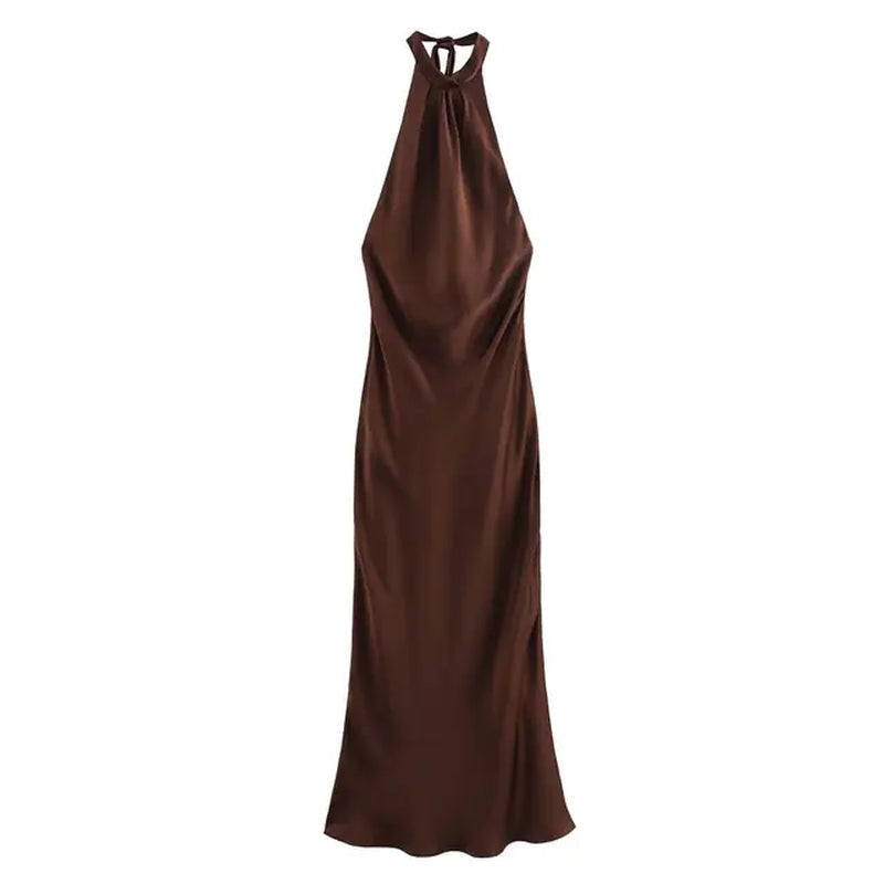 Backless Midi Dress Women Summer with Hanging Neck Style Silk Texture Sleeveless Party Sexy Brown Long Dresses