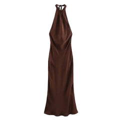 Backless Midi Dress Women Summer with Hanging Neck Style Silk Texture Sleeveless Party Sexy Brown Long Dresses