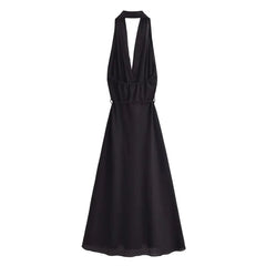 Hanging Neck Style Midi Dress for Women New Spring Summer Slim Fit Sleeveless with Lace up Backless Design Sexy Long Dress