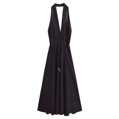Hanging Neck Style Midi Dress for Women New Spring Summer Slim Fit Sleeveless with Lace up Backless Design Sexy Long Dress