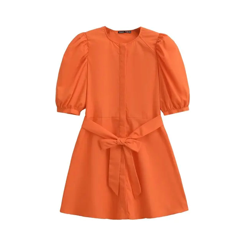 Women Dress 2024 New Fashion Casual Joker Belt Decoration Fluffy Sleeve Mini Dress Retro Short-Sleeved Women'S Dress Vestidos