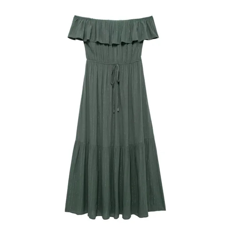 Metallic Striped Strapless Midi Dress for Women Summer Sleeveless Casual Style One Line Collar Slim Fit Ankle-Length Dresses