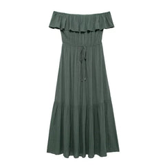 Metallic Striped Strapless Midi Dress for Women Summer Sleeveless Casual Style One Line Collar Slim Fit Ankle-Length Dresses