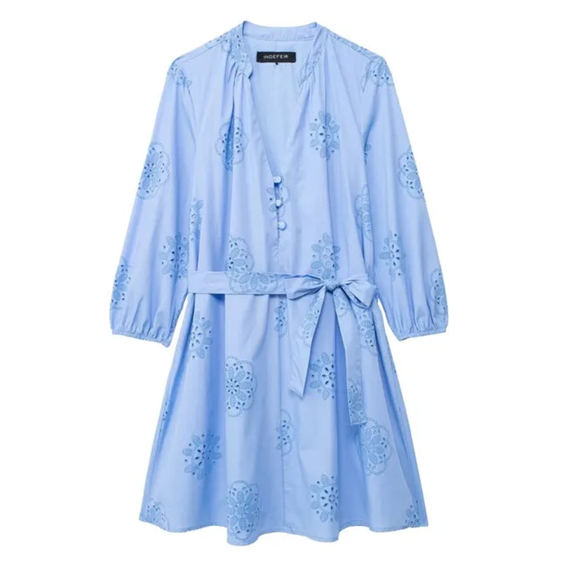 Embroidery Short Dress for Women Summer Rubberised Casual Poplin Short Sleeved Sashes Button Dresses Blue Midi Dress