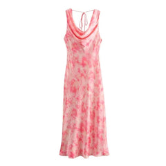 Satin Tie Dye Printed Dress for Women Summer Sleeveless Midi Dress with Thin Knotted Straps on the Back Silk Texture Long Dress