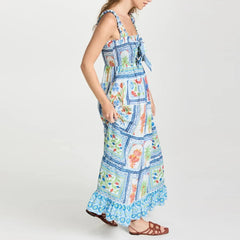 Women'S Long Tank Dress Vintage Tropical Print Shirred Square Neck Sleeveless Tiered Ruffled A-Line Dress for Party Club