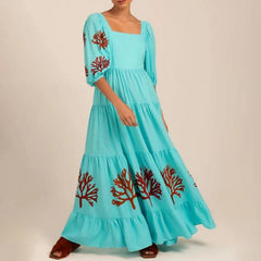 Women Floral Embroidery Long Dress Puff Sleeve Square Neck Smocked Ruffle Swing Maxi Dress Backless Flowy Boho Dresses
