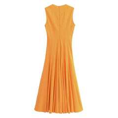 Wide Swing Midi O-Neck Dress Summer Slim High Street Casual Style Sleeveless Skirt Pleated Style Knee-Length Dress