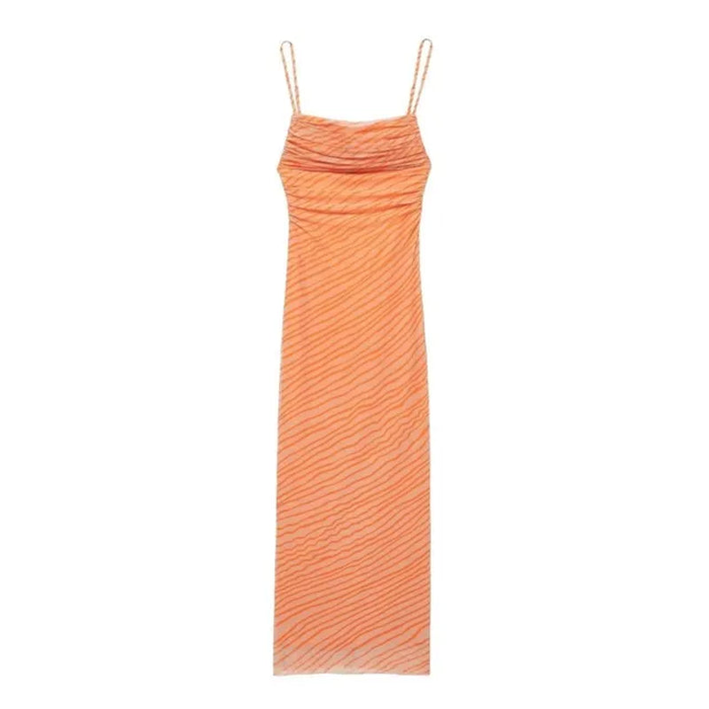 Pleated Printed Silk Mesh Dress for Women Summer Backless Simplicity Sexy Beach Style Party Long Camisole Mid-Calf Dresses