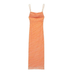 Pleated Printed Silk Mesh Dress for Women Summer Backless Simplicity Sexy Beach Style Party Long Camisole Mid-Calf Dresses
