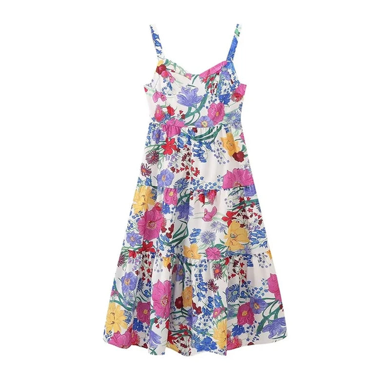 PB&ZA 2024 Women'S Summer New Fashion Simple Four Sided Spring Flower Print Waistless Sleeveless Hanging Strap Dress