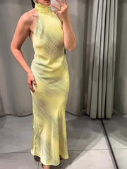 Party Halter Women Bodycon Vintage Slim Long Dress 2024 Summer New Fashion A-Line Elegant Long Satin Backless Dress Vestidos