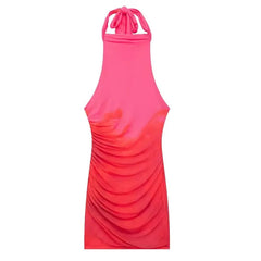 Women'S Printed Silk Mesh Pleated Dress, Chic Backless Lace, All-Match Mini Skirt, Spring and Summer, New Fashion, 2024