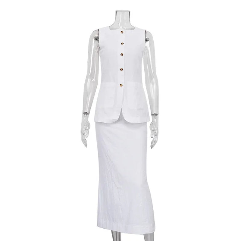 Women Vintage Buttons Vest Set Fashion Sleeveless Square Collar Waistcoat Blouse White High Waisted Skirt Commuting Work Clothes