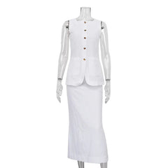 Women Vintage Buttons Vest Set Fashion Sleeveless Square Collar Waistcoat Blouse White High Waisted Skirt Commuting Work Clothes