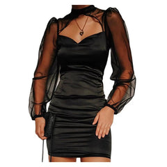 Sexy Dress Women Black Hook Eye Collar Hollow Out Miniskirt Party Club Wrap Skirt Sales Leather Socks Black Dress Gauze Sheath