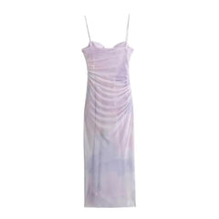 Pleated Printed Midi Dress for Women Summer Tie Die Silk Screen Spaghetti Strap Slim Sexy Party Long Dresses
