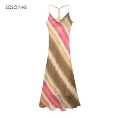 Women Tie Dye Vintage Camisole Long Dress New Summer Beaded Backless Sexy Beach Midi Dress Fashion Style New Holiday