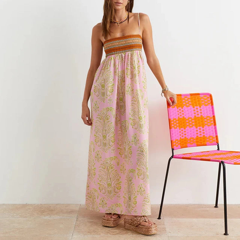 Fashion Women Spaghetti Strap Maxi Dress Y2K Vintage Print Boat Neck Sleeveless Backless Cami Long Bodice Dresses
