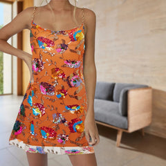 Ladies Sequin Mini Dress Backless Women Spaghetti Chain Strap Dress off Shoulder Slash Neck Sexy Style Clubwear Clothing