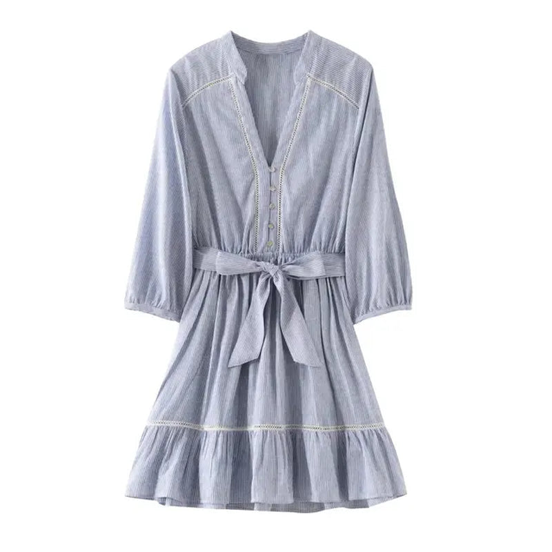 Stripe Short Dresses for Women Summer Beach Style Sashes Decoration Vertical Lace Dress Loose Dresses Casual Midi Dress
