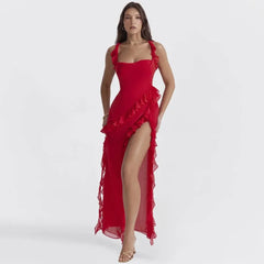 Elegant Spaghetti Strap Backless Sexy Maxi Dress for Women Fashion Wooden Ear Edge Splicing Sleeveless Bodycon Club Party Dress