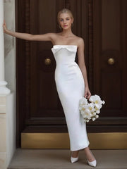 Fashion White Bow Backless Strapless Midi Dress Women Slim Sleeveless Vestidos Spring Summer Elegant Dinner Party Female Robes
