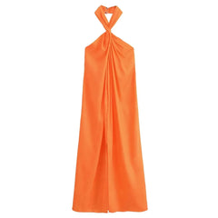 Women 2024 Spring and Summer New Fashion Silk Satin Texture Hanging Neck Collar Sleeveless Midi Backless Dress Vestidos Mujer