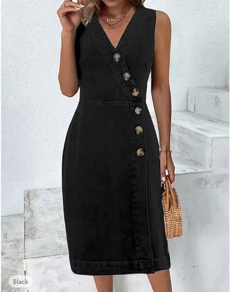 Summer V-Neck Women Denim Dress Casual Fashion Sleeveless Single-Breasted Blue Female Simple Long Dress
