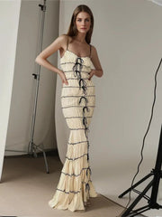 Fashion Vintage Ruffles Beach Party Dress for Women 2024 Spring Summer Women Temperament Pleated Lace Waist Sling Dress Elegant