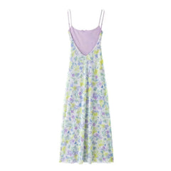 Bow Embellished Printed Silk Mesh MIDI Dress for Women Autumn Exquisite Elegant Slim Outdoor Style V Neck Mid-Calf Dresses