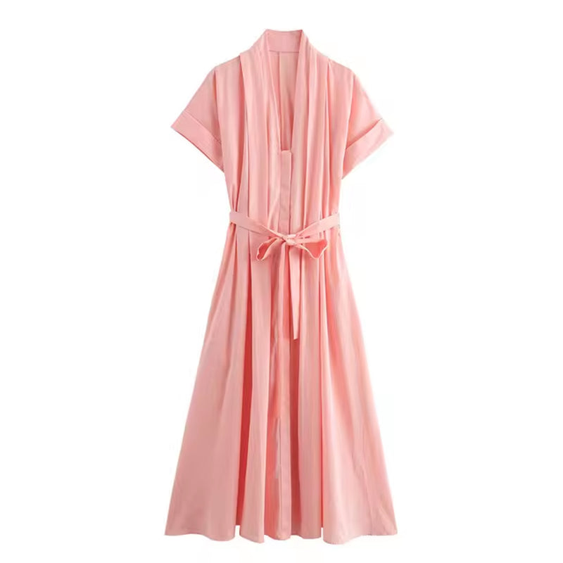 Women Shirt Style Dress with Belt Single Row Hidden Buckle Short Sleeved Pleated Monochromatic Midi Long Dress New Summer