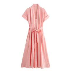 Women Shirt Style Dress with Belt Single Row Hidden Buckle Short Sleeved Pleated Monochromatic Midi Long Dress New Summer