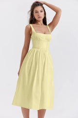 Summer Beach Robe Midi Dress Women Fashion U-Neck Strap Sexy Backless Slim Dresses Women Vintage Party Red Dress Elegant
