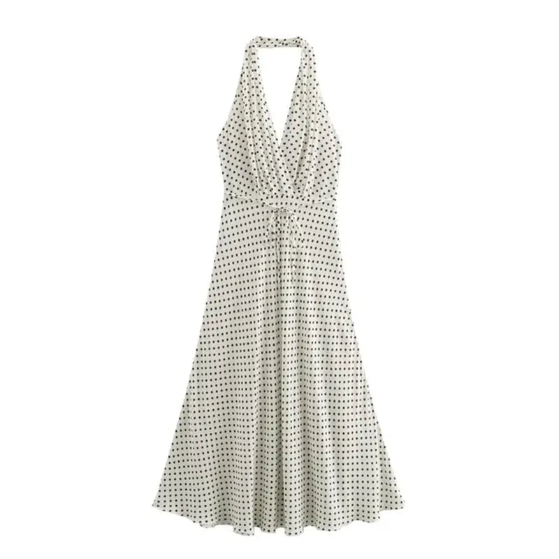 Polka Dot Camisole Dress Women Summer with Backless Midi Dresses Sexy Slim Folded Horn Shaped Hem Lace up Party Dresses