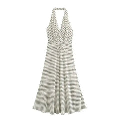 Polka Dot Camisole Dress Women Summer with Backless Midi Dresses Sexy Slim Folded Horn Shaped Hem Lace up Party Dresses