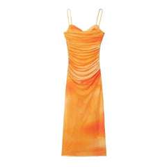 Tie Die Pleated Print Midi Dresses for Women Summer Slim Spaghetti Strap Silk Mesh Long Dresses Sexy Party Dresses