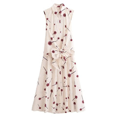 Women'S Poplin Printed Knot Casual Dress, Chic Lapel, Slim Sleeveless Dress, Spring and Summer, New Fashion, 2024