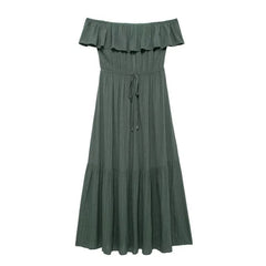 Metallic Striped Strapless Midi Dress for Women Summer Sleeveless Casual Style One Line Collar Slim Fit Ankle-Length Dresses
