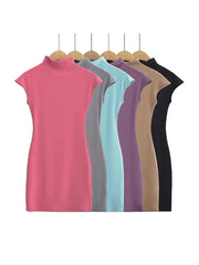 Mini Dresses for Women 2024 Summer Knitted Dress Sexy Vintage Clothes Black Dresses Short Sleeve Turtleneck Pink Dress Bodycon