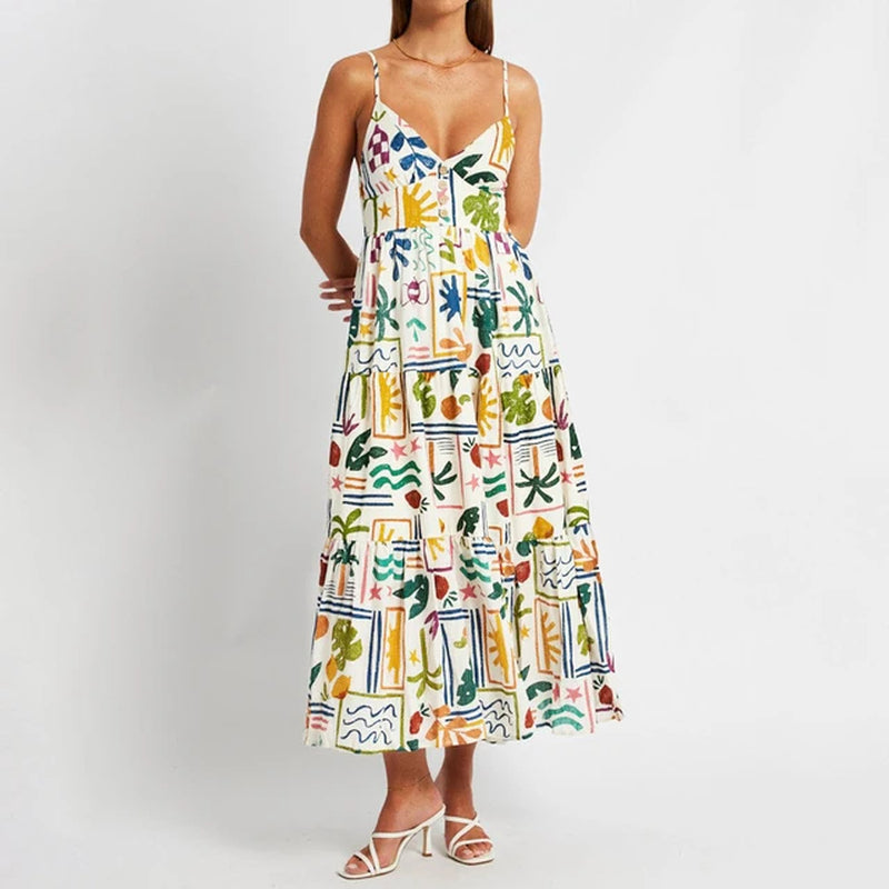 Women'S Sleeveless Casual Summer Vintage Print Smocked Square Neck Party A-Line Tank Long Dress for Beach Holiday