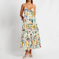 Women'S Sleeveless Casual Summer Vintage Print Smocked Square Neck Party A-Line Tank Long Dress for Beach Holiday