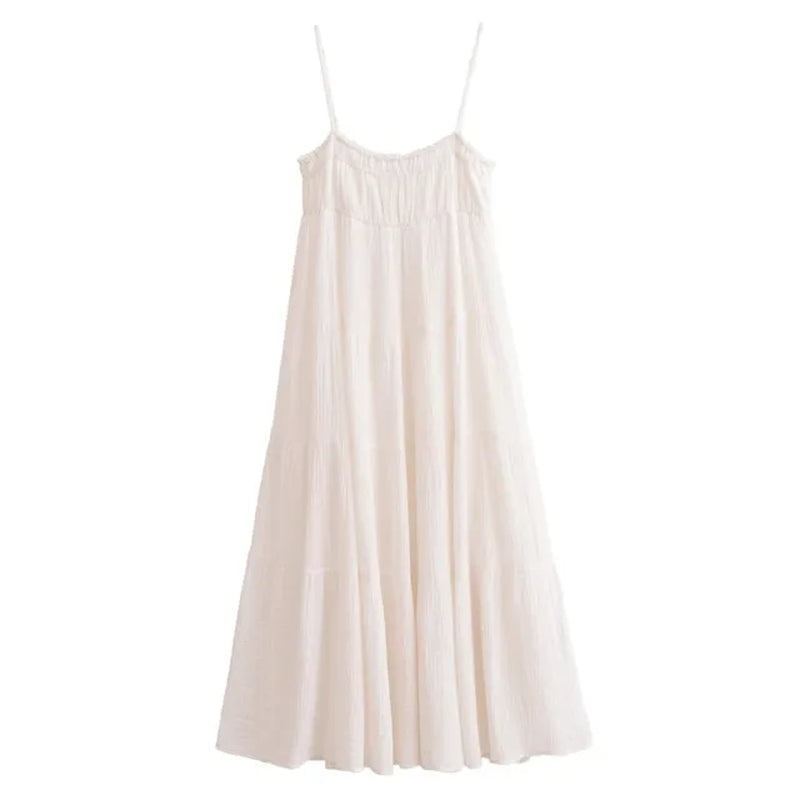 Cotton Chiffon Midi Dress Women Summer Sexy Comfort Spaghetti Strap Sexy Backless Camisole Dress Loose Casual Long Dress