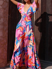 Women Maxi Long Dress Summer Printed V-Neck Ruffle-Leaf Sleeve Dress Women Fashion Holiiday Sexy Backless Bohemian Midi Dress