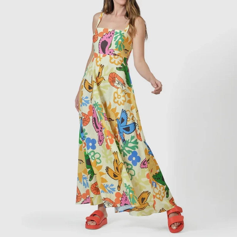 Women Boho Graffiti Cami Long Dress Graphic Spaghetti Strap Flowy Swing Maxi Dress Summer Colorful a Line Sundress