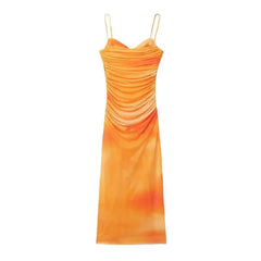 Tie Die Pleated Print Midi Dresses for Women Summer Slim Spaghetti Strap Silk Mesh Long Dresses Sexy Party Dresses